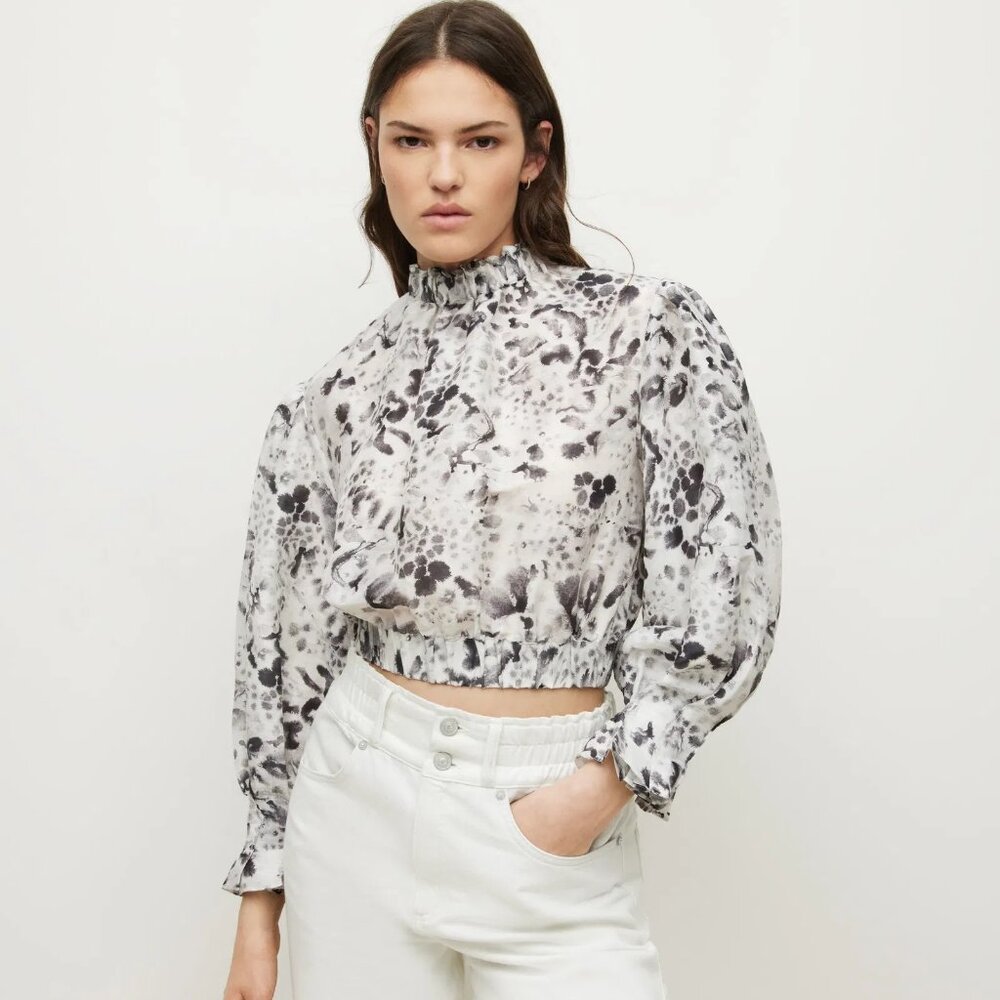AllSaints Luna Waktu Silk Linen Blend Top Long‎ Sleeve Crop Mock Neck Print 2